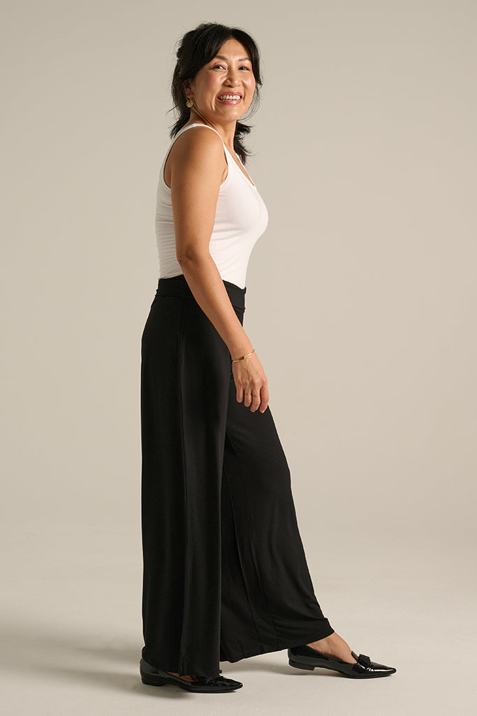 side view of the luxe wide leg pant with comfy fabric waisband