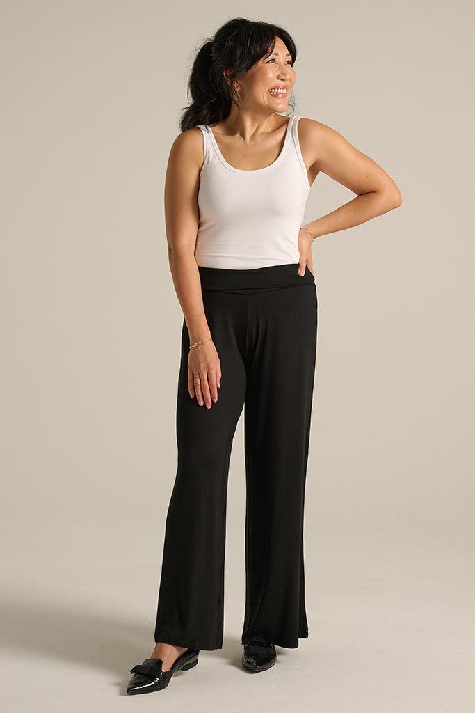 wide leg black bamboo pants in petite length with wide stretchy foldable waistband