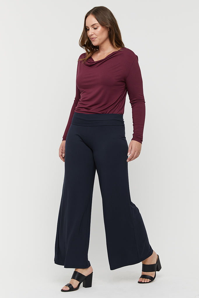 wide leg pants in dark navy colour with comfy foldable waistband