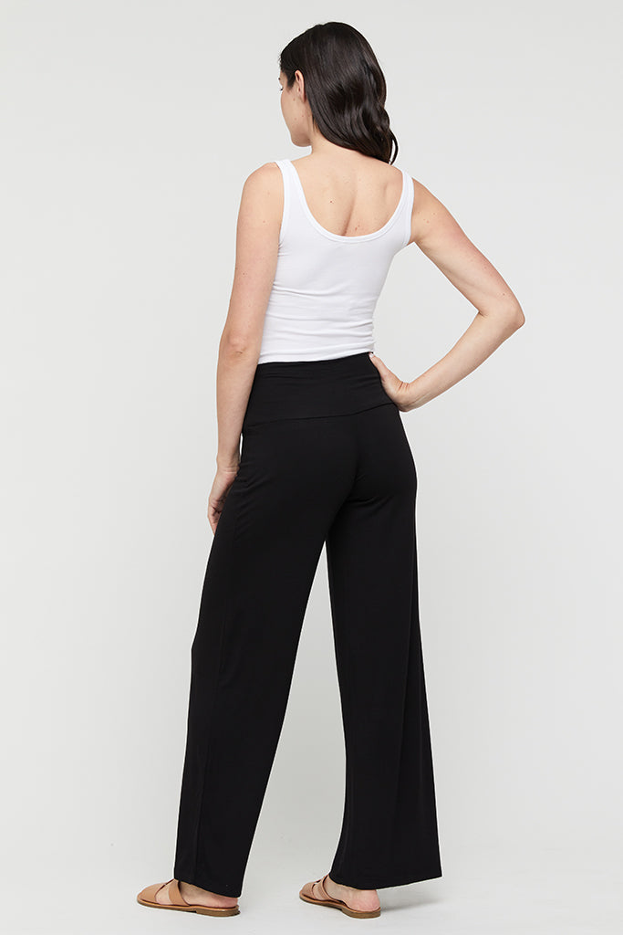 back view of the luxe wide leg pants in black with foldable waistband