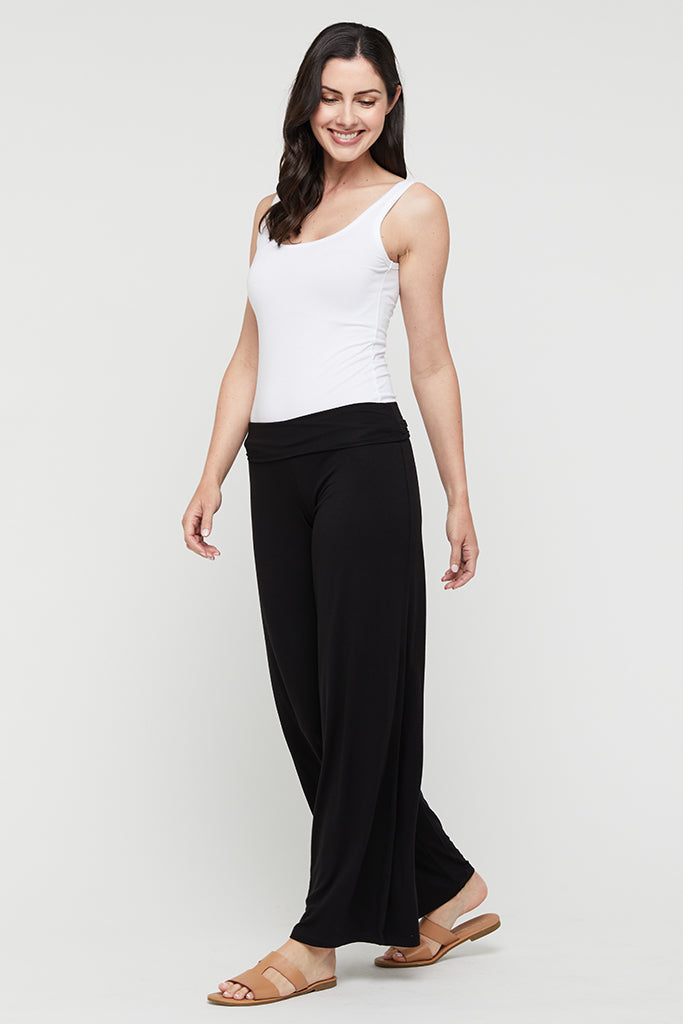 side view of the bamboo luxe wide leg pants in black