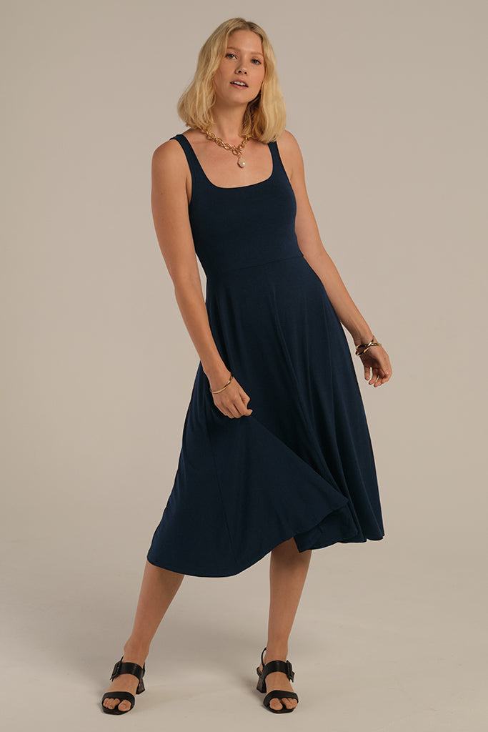 Floaty dark navy bamboo dress for summer.