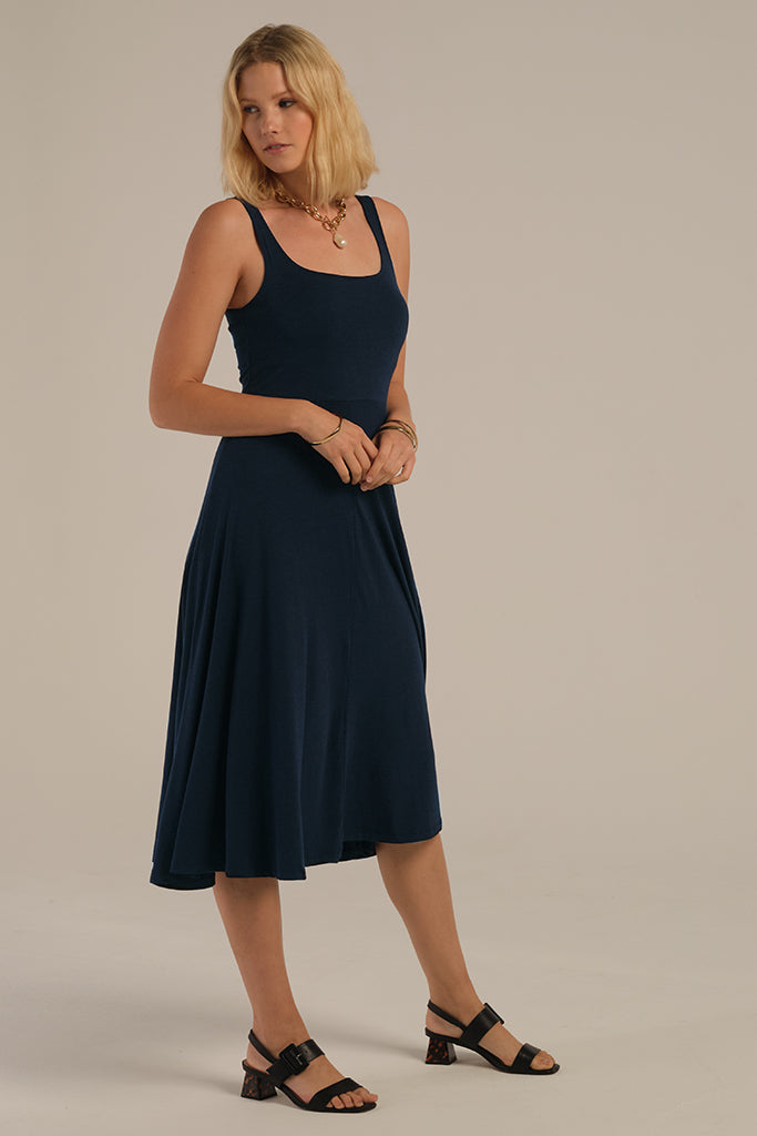 Breathable dark navy midi bamboo dress