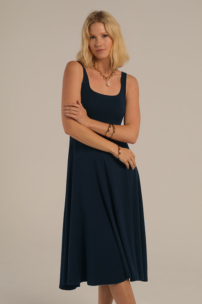 Breathable dark navy dress for summer.