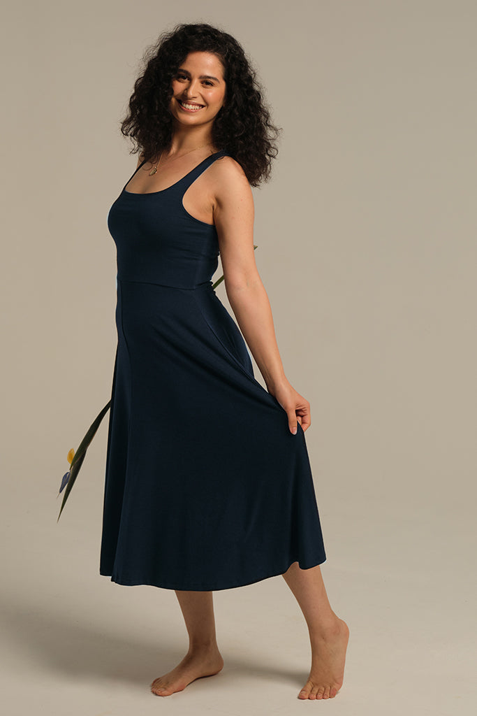 Feminine dark navy bamboo dress.