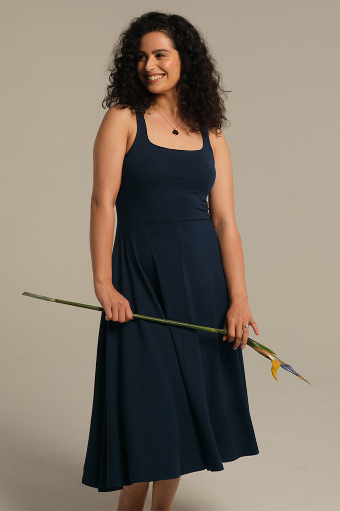 Dark Navy bamboo midi dress with square neckline.