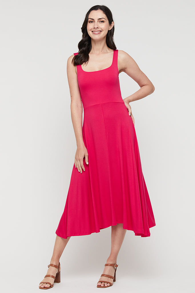 Sleeveless bamboo midi dress in magenta.