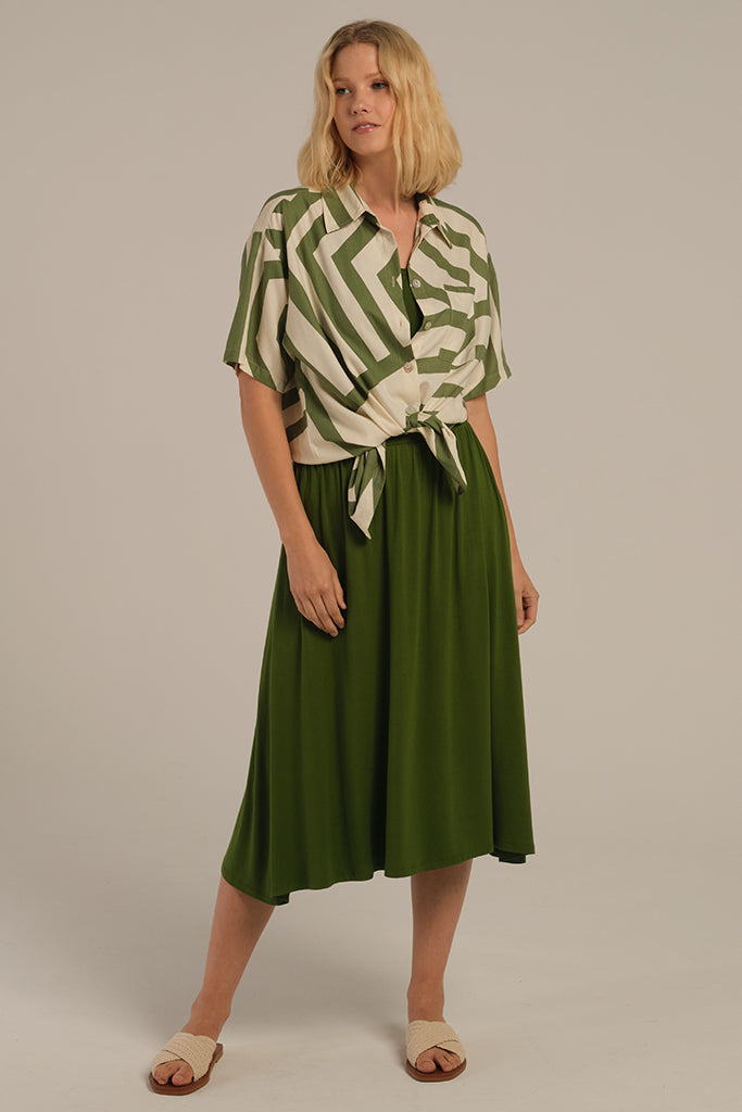 Garden green midi skirt styled with a linen printed shirt