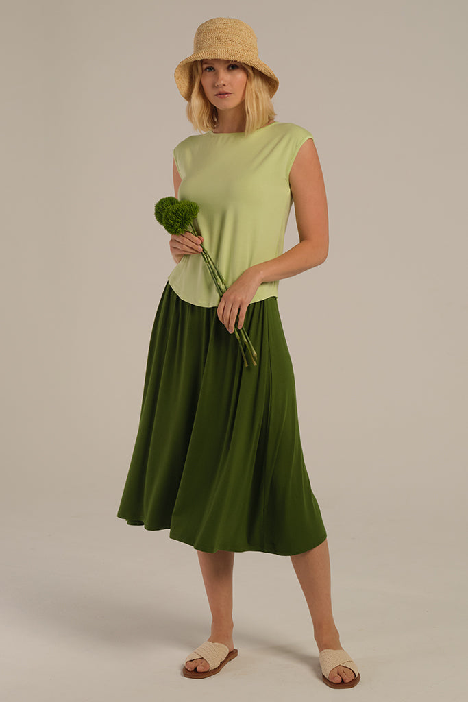 cute outfit with green midi skirt and light green t-shirt