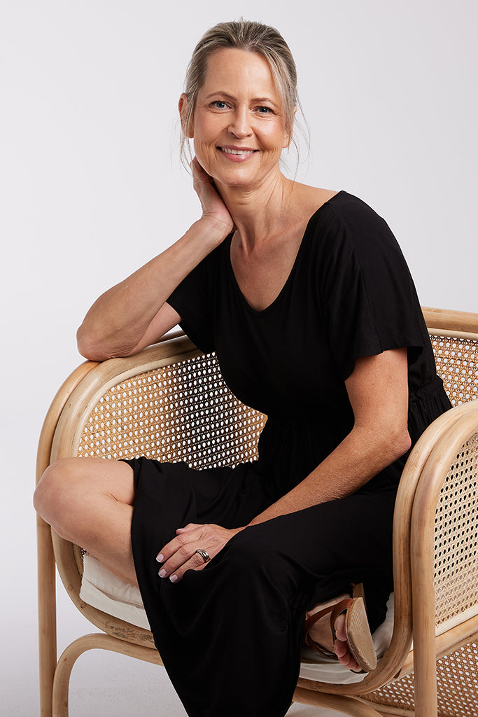 Lightweight and soft bamboo maxi dress in black.