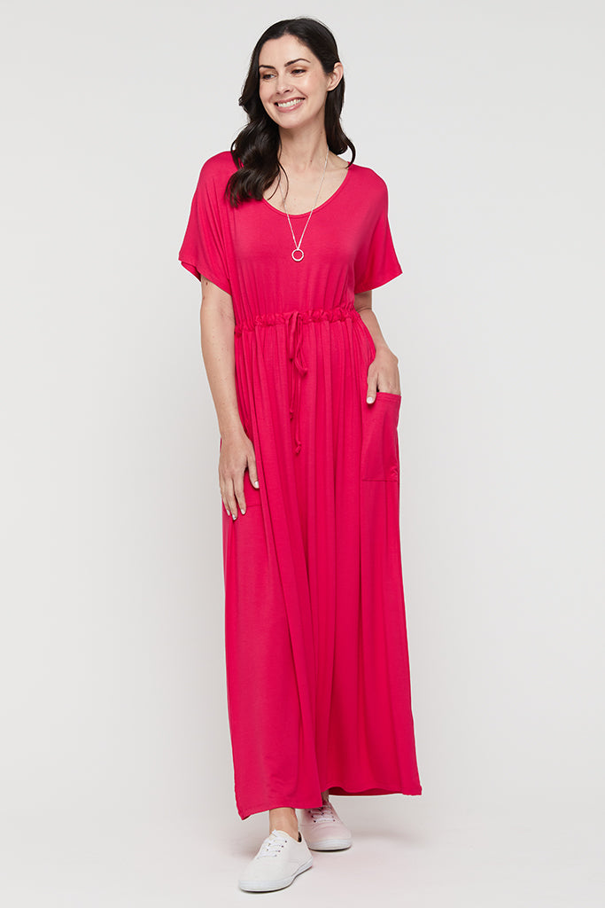 Bright pink bamboo maxi dress with oversized fit.