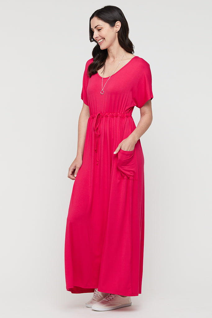 Magenta maxi dress with relaxed fit.