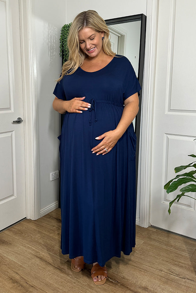 Bamboo maternity dress in navy.