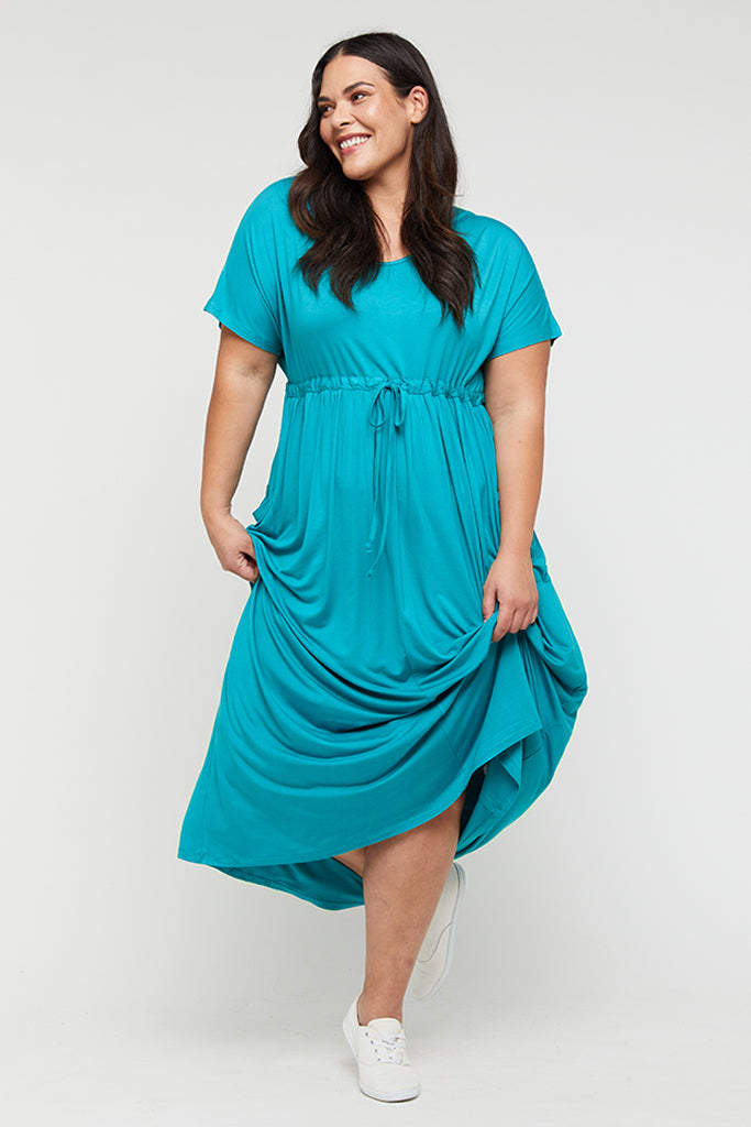 Summer dress for plus size women in bright teal blue.