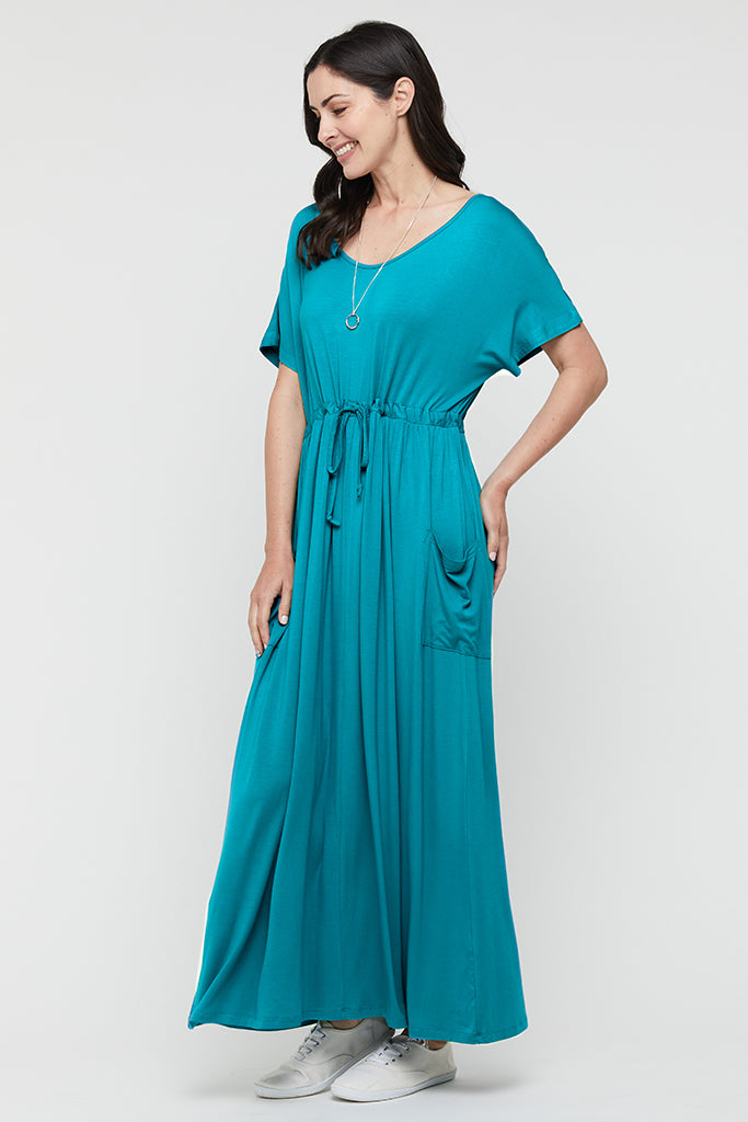 Teal bamboo maxi dress featuring scooped v neckline and pockets.