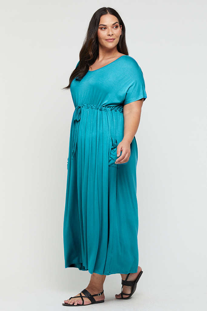 Curvy teal maxi dress in lightweight bamboo fabric.
