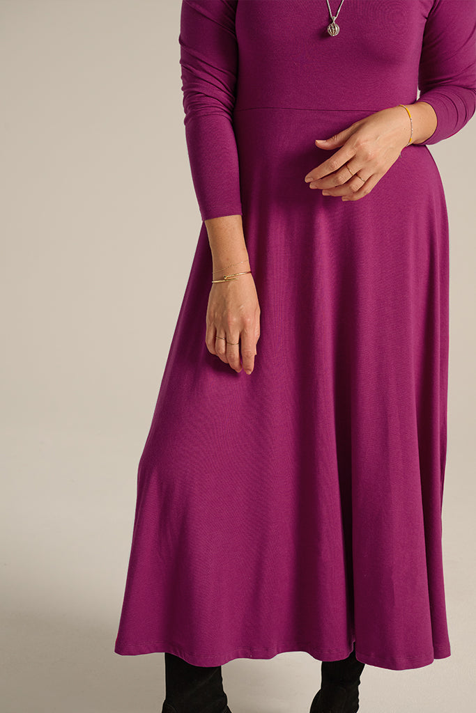Close up of midi dress in Berry, showcasing its eco-friendly bamboo and organic cotton blend.