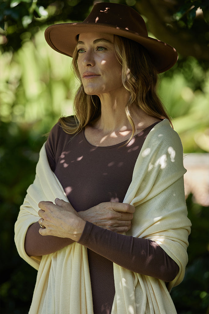 Ribbed midi dress and scarf perfect for trans-seasonal wear.