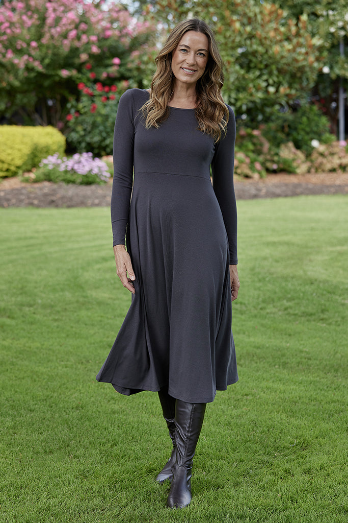 Charcoal ribbed long sleeve dress.