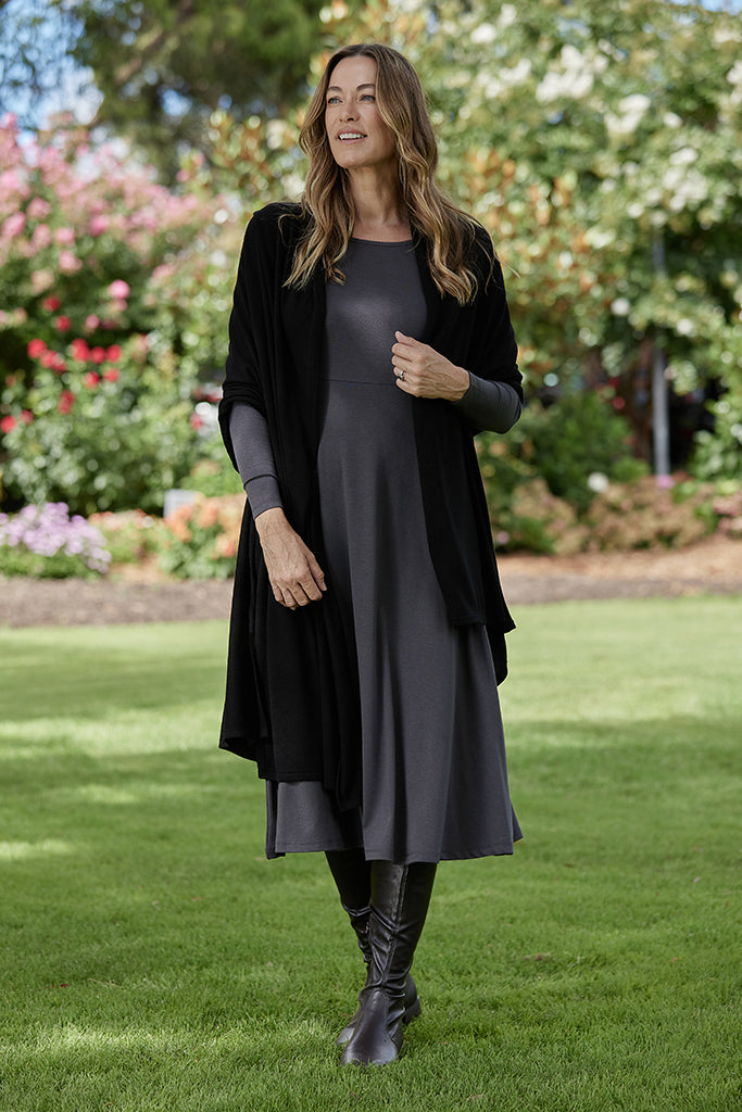 Charcoal ribbed midi dress with stretchy bamboo fabric paired with cosy black travel wrap.