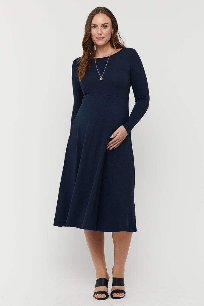Olivia Maternity Dress front view highlighting soft, stretchy fabric and flattering design for pregnancy comfort.