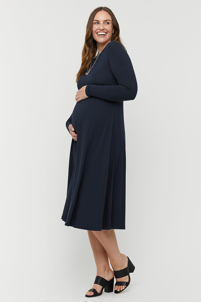 Dark Navy maternity dress with long sleeves.