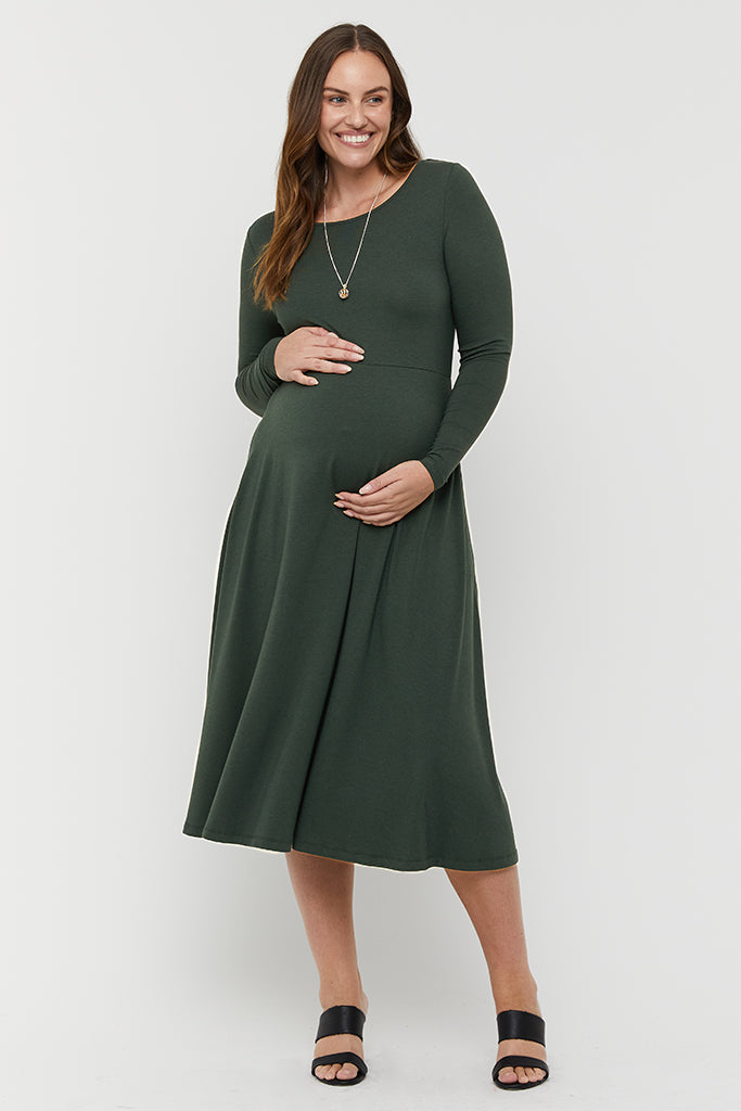 Forest green maternity winter dress.