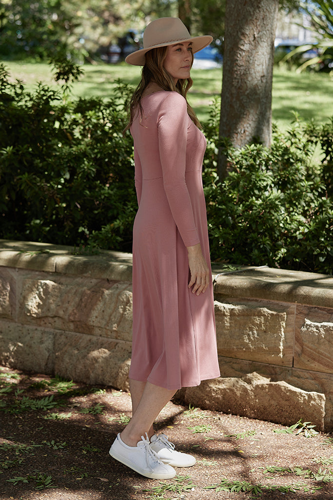 Warm pink ribbed bamboo dress designed for comfort.