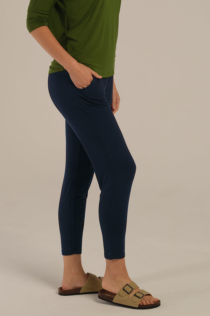 a close up look of the tapered bamboo pants with side pockets in dark navy