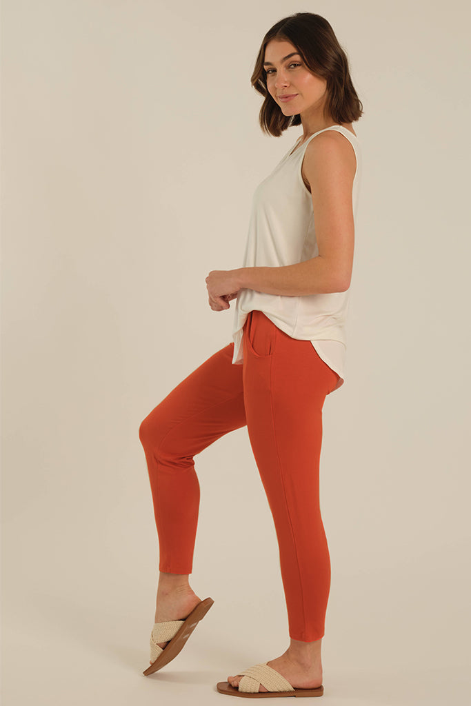 a side view of the peggy bamboo pants with side pockets and a comfy elastic waistband