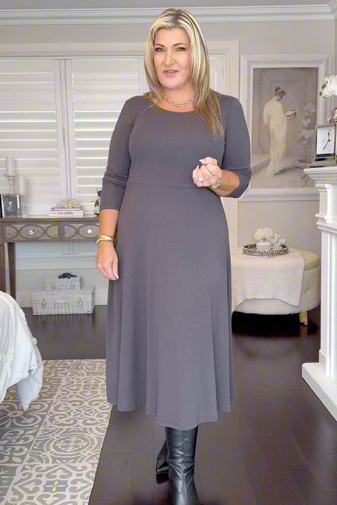 Stretchy ribbed charcoal grey dress made from eco-friendly bamboo viscose blend.