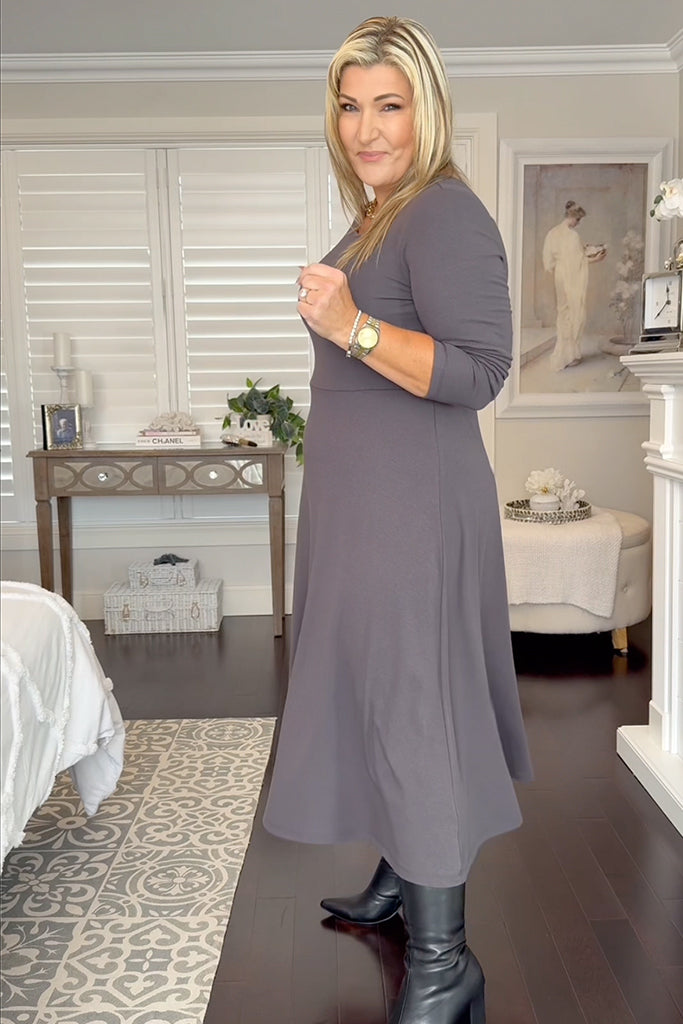 Long sleeve grey ribbed dress made from bamboo fabric to keep warm this winter.