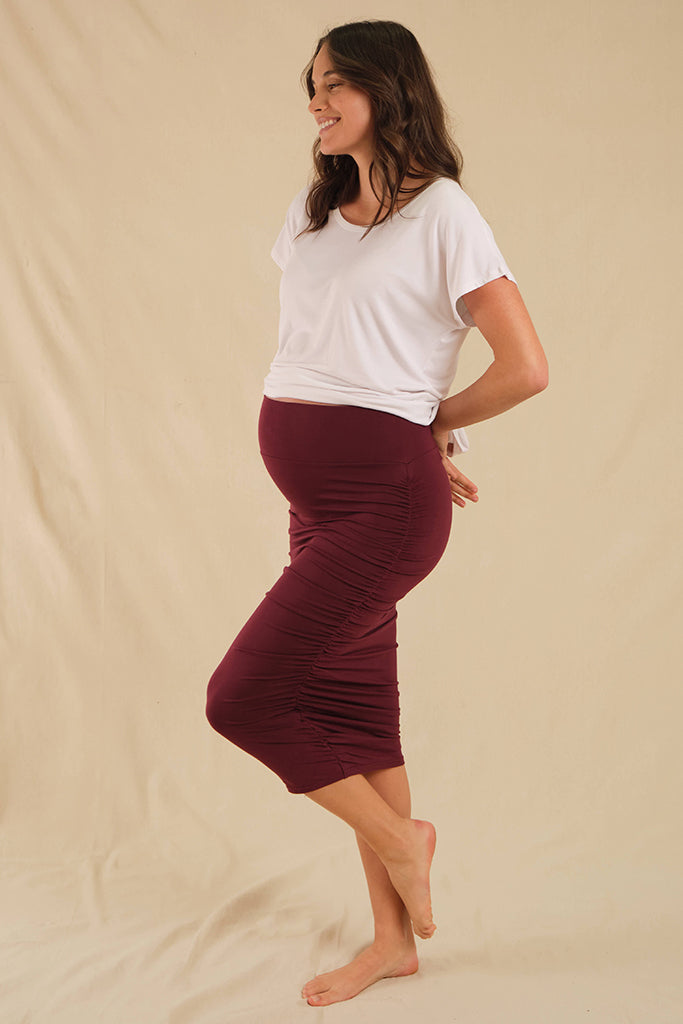 bamboo maternity skirt with ruching detail in burgundy colour