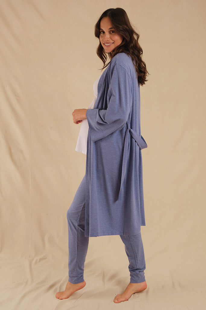 Side view of maternity sleepwear robe in lavender marle, featuring a belt