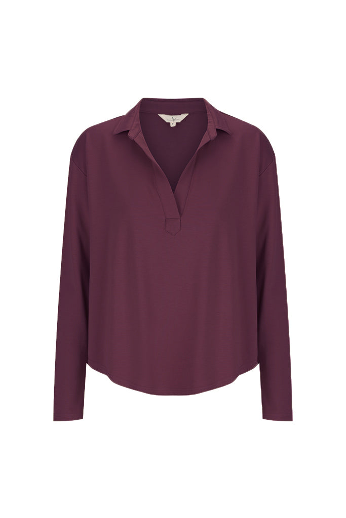 Burgundy collared shirt on a white background