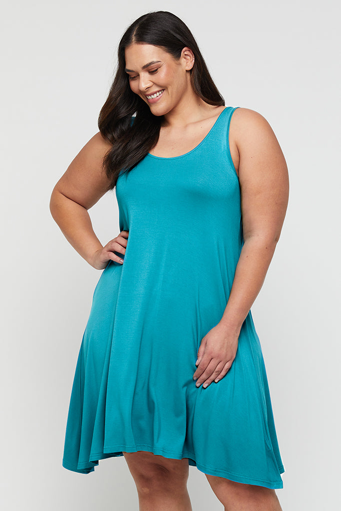 Plus size teal summer dress with round, scoop neckline
