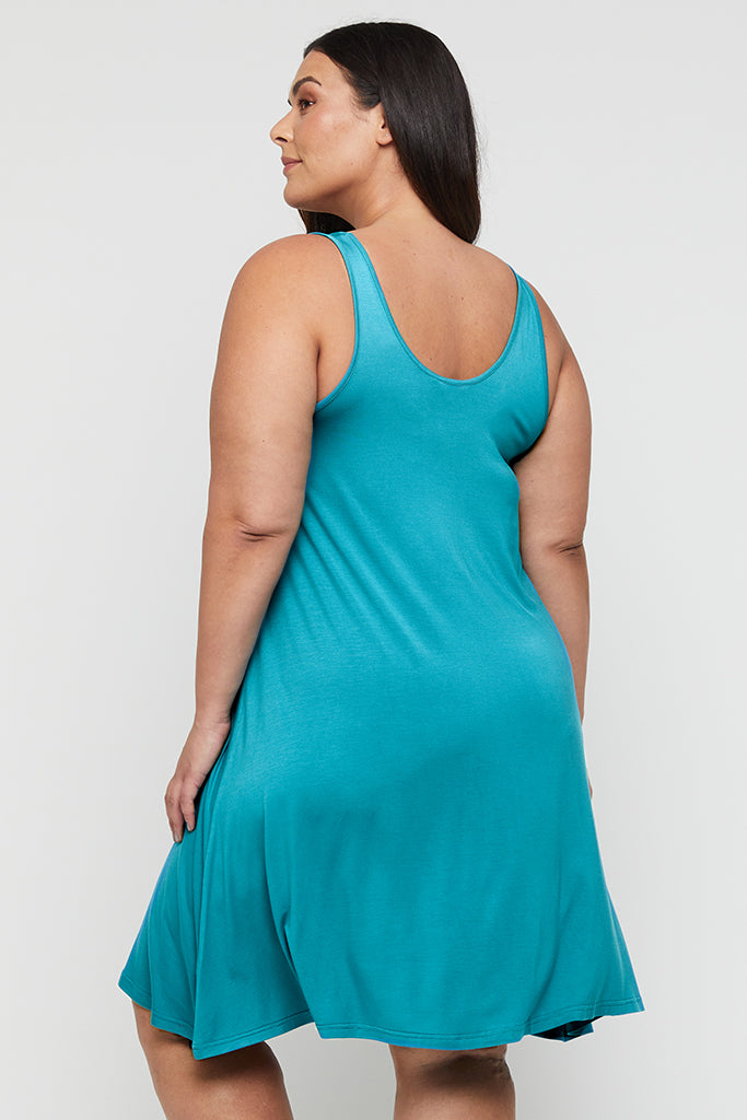 Back view of plus size summer dress in teal