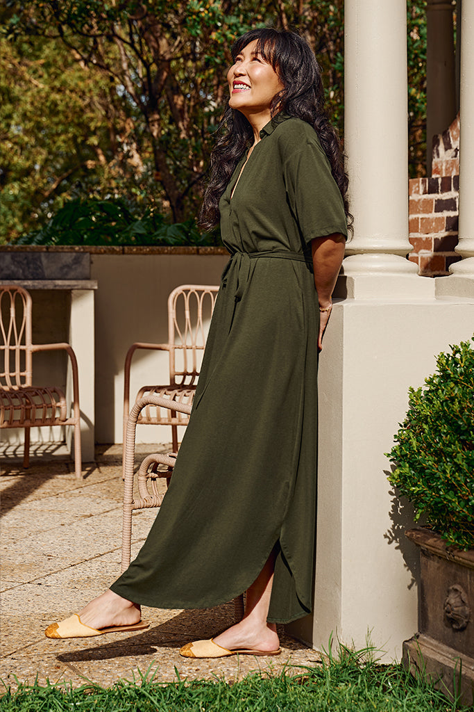 Relaxed and oversized green bamboo linen maxi dress with waist tie - easy for to style for casual daywear.
