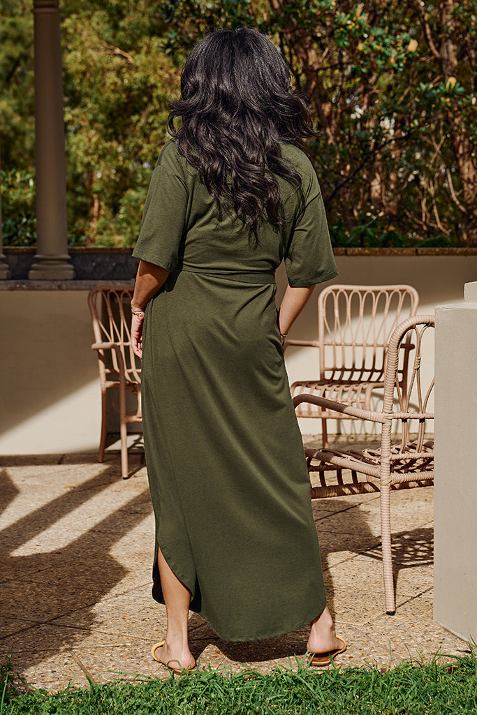 Back view of moss green maxi dress - breathable and lightweight.