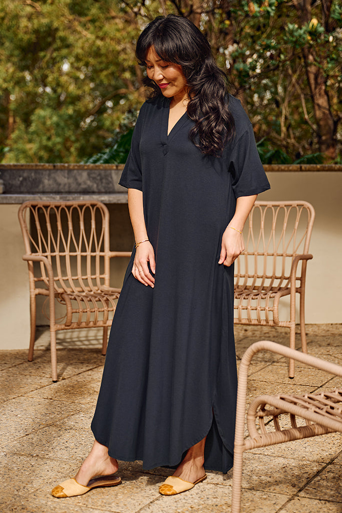 Lightweight bamboo-linen maxi dress with breathable, textured slub finish and v neck line