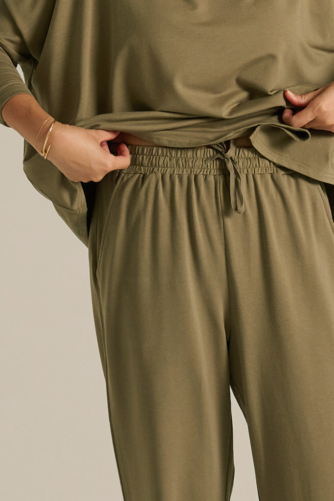 comfy soft bamboo pants in olive colour with an elastic waistband and drawstrings