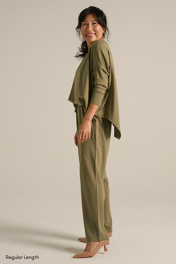 Long bamboo pant in khaki green colour with soft elastic band and pockets