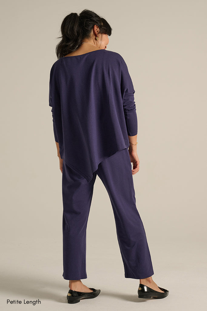 an indigo crop with matching pants suitable for travel