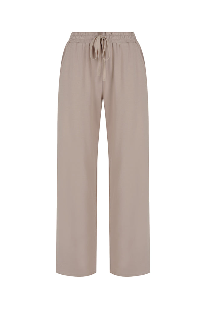 straight taupe-coloured pants with side pockets and elastic waistband with drawstring