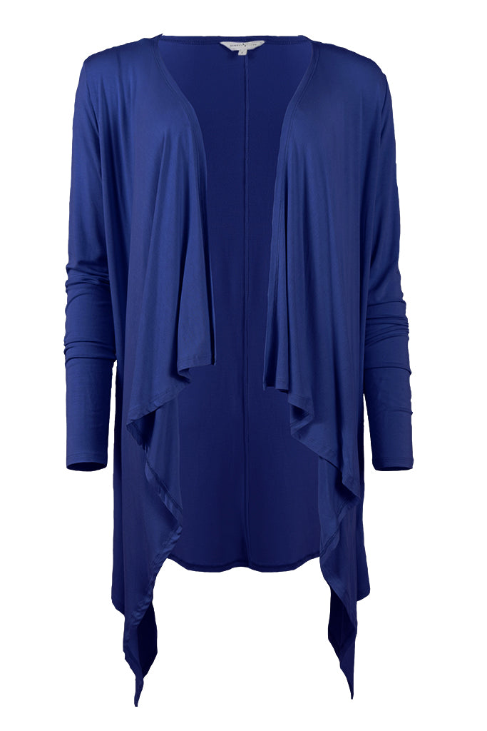 Blue long-sleeve cardigan with draped open front design on a white background