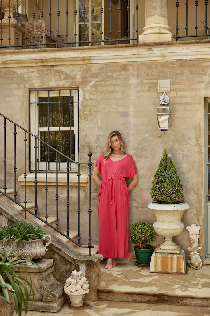 Eco-friendly bamboo maxi dress in magenta.