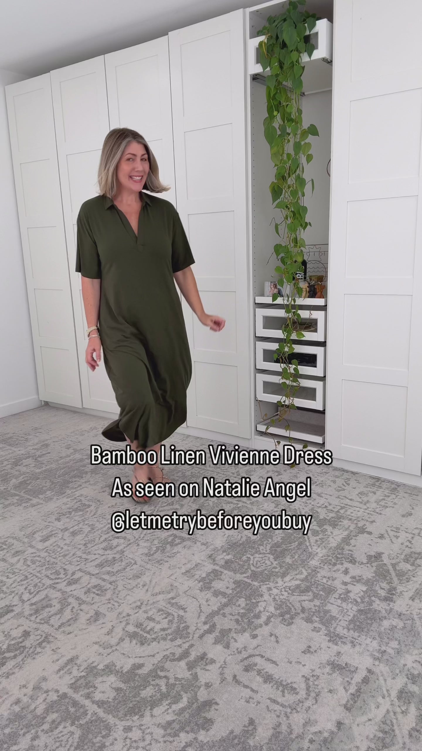 Video of woman talking through the features of the moss green vivienne dress