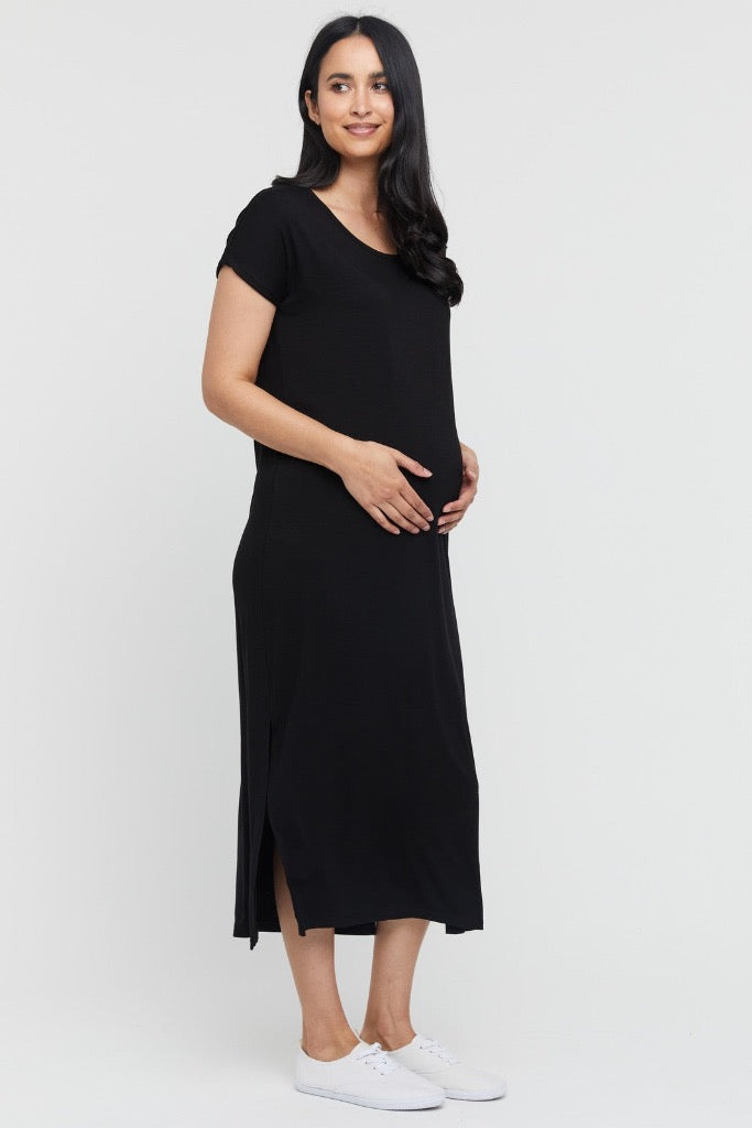 Maternity black bamboo maxi dress with side splits