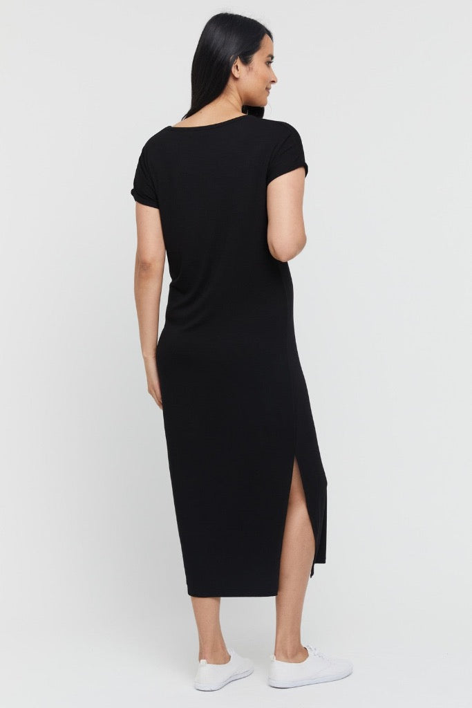 Back view of oversized maternity bamboo dress in black