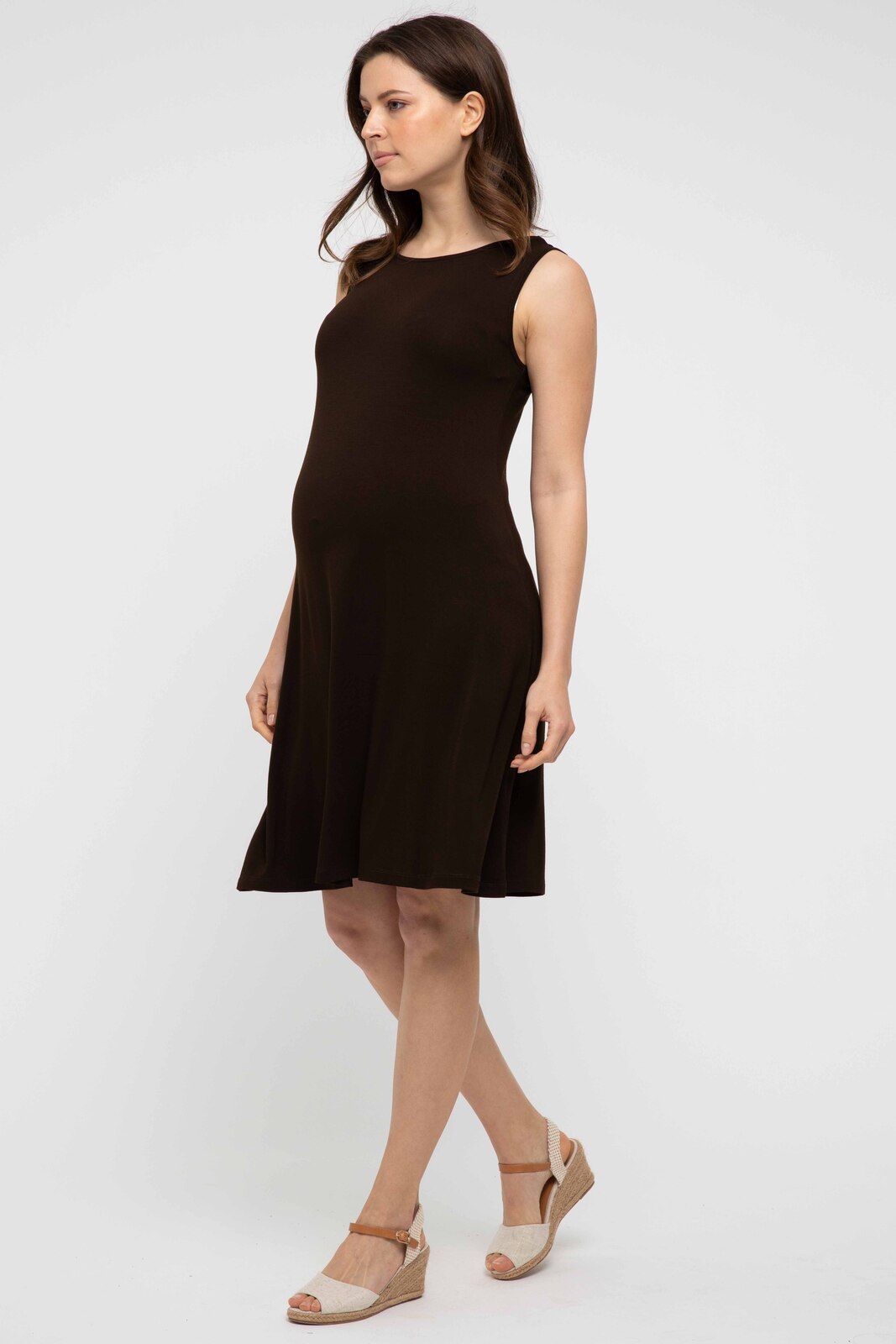 Bump friendly maternity dress in chocolate bamboo fabric, perfect for maternity wear.